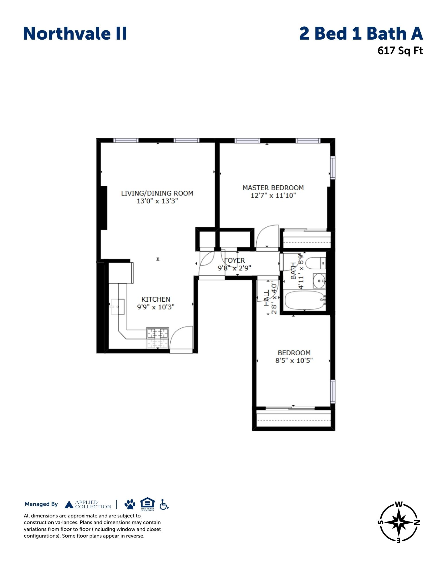 Floor plan for 2 beds, 1 bath, 617 sqft